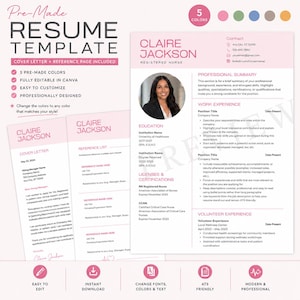 Puede incluir: Plantilla de currículum vitae prefabricada con carta de presentación y página de referencia, con un diseño rosa y blanco. La plantilla incluye 5 opciones de color prefabricadas, es totalmente editable en Canva y fácil de personalizar.
