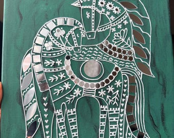 Lippan Art, mère et enfant, cheval, miroir, décoration murale, décoration intérieure