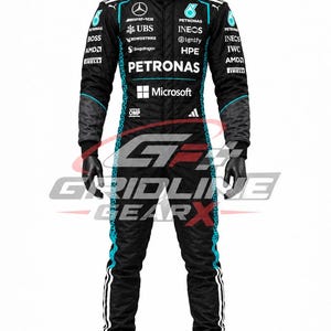 May include: A black racing suit featuring teal accents and numerous sponsor logos including Petronas, Mercedes-AMG, Microsoft, and IWC. The suit has long sleeves, a high collar, and is paired with matching black and teal high-top racing shoes.