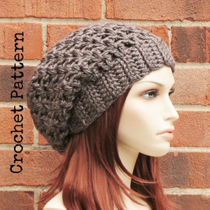 May include: A brown crocheted beanie hat with a slouchy fit. The hat is made with a textured stitch pattern.
