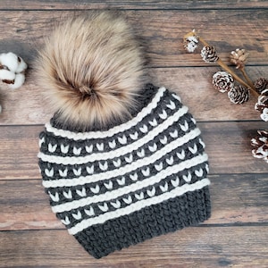 May include: A grey and white knitted beanie with a faux fur pom pom. The beanie has a striped pattern with white and grey yarn.