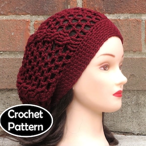 CROCHET HAT PATTERN Instant Download Pdf Cacie Cable Beret Slouchy Mesh Hat Womens Teen Summer Permission to Sell English Only image 1