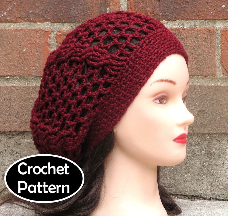 CROCHET HAT PATTERN Instant Download Pdf Cacie Cable Beret Slouchy Mesh Hat Womens Teen Summer Permission to Sell English Only image 1