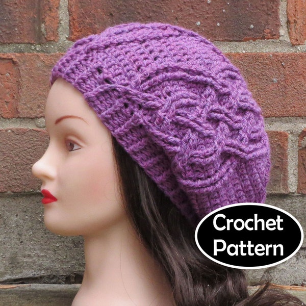 CROCHET HAT PATTERN Instant Download Pdf - Eithne Cabled Slouchy Beret Tam Beanie Womens Teens- Permission to Sell English Only