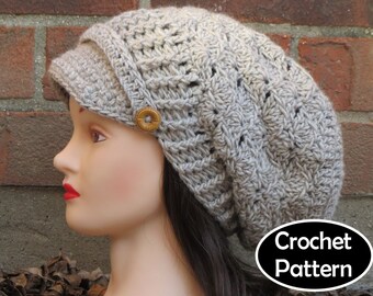 CROCHET HAT PATTERN Instant Download Pdf - Hallie Newsboy Slouchy Brimmed Beanie Hat Womens - Permission to Sell English Only