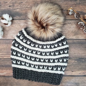 May include: A grey and white knitted beanie with a faux fur pom pom. The beanie has a striped pattern with white and grey yarn.