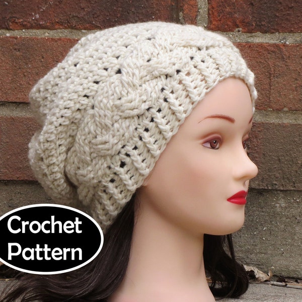CROCHET HAT PATTERN Instant Pdf Download - Julia Cabled Slouchy Beanie Hat Womens Teen- Permission to Sell English Only