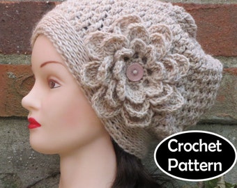 CROCHET HAT PATTERN Instant Pdf Download - Fiona Slouchy Flower Beanie Hat Womens Teen- Permission to Sell English Only