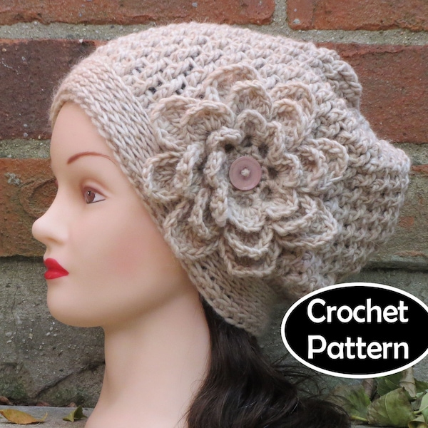 CROCHET HAT PATTERN Instant Pdf Download - Fiona Slouchy Flower Beanie Hat Womens Teen- Permission to Sell English Only