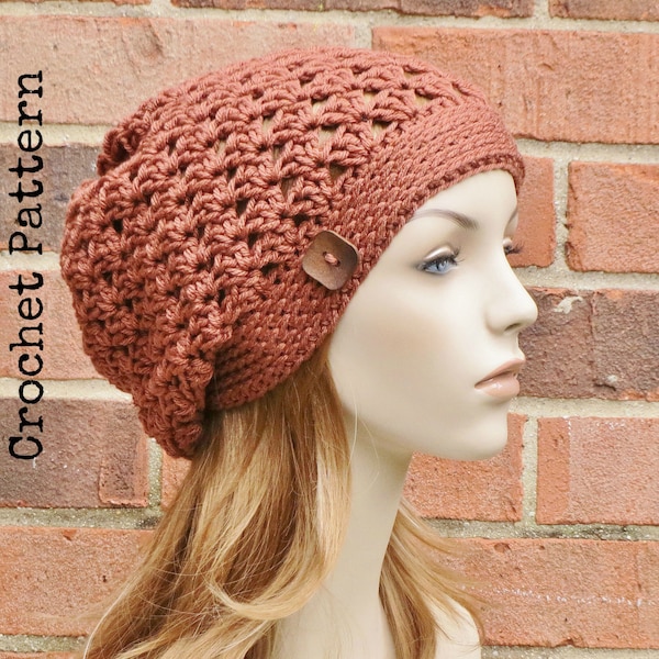 CROCHET HAT PATTERN Instant Pdf Download - Riley Slouchy Beanie Slouchy Beret Button Hat Womens Teen Fall Winter- Permission to Sell