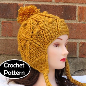 CROCHET HAT PATTERN Instant Download - Katie Cabled Earflap Beanie Hat Womens Fall Winter - Permission to Sell English Only