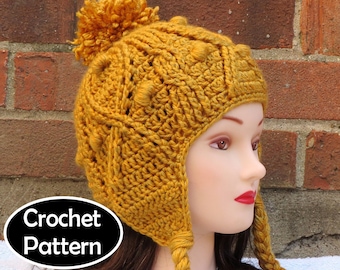 CROCHET HAT PATTERN Instant Download - Katie Cabled Earflap Beanie Hat Womens Fall Winter - Permission to Sell English Only