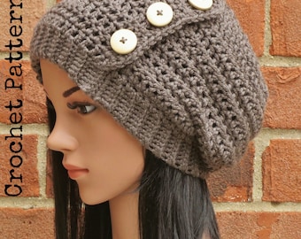 CROCHET HAT PATTERN Instant Pdf Download - Hadley Slouchy Button Beanie Hat Womens Teen Fall Winter- Permission to Sell English Only
