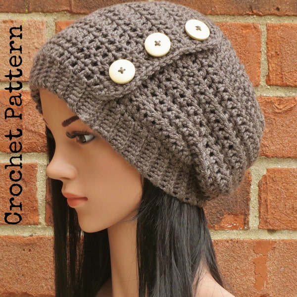 CROCHET HAT PATTERN Instant Pdf Download - Hadley Slouchy Button Beanie Hat Womens Teen Fall Winter- Permission to Sell English Only