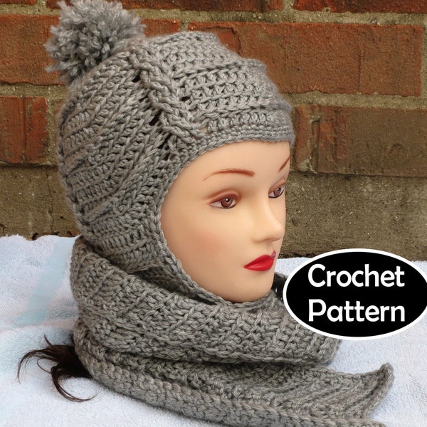 CROCHET HAT PATTERN Instant Pdf Download - Nadia Cabled Scarf Hat Combo Womens Teen- Permission to Sell English Only