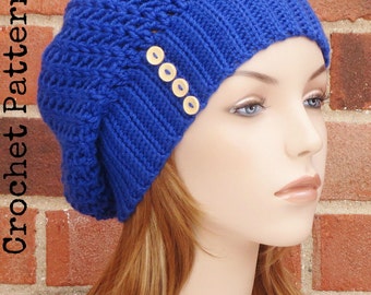 CROCHET HAT PATTERN Instant Pdf Download - Luna Slouchy Button Beanie Hat Womens Teen Fall Winter- Permission to Sell English Only