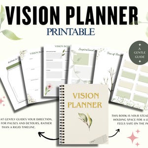 以下が含まれることがあります： スパイラル綴じのVision Plannerで、いくつかの印刷可能なページに囲まれています。表紙とページには植物のイラストと「Vision Planner」と「Printable」の文字が描かれています。画像には「A gentle guide」と「This book is your steady guide」と書かれています。