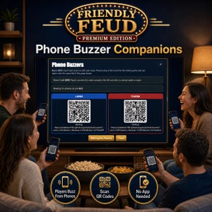 May include: A group of people are using their phones to play a game called Friendly Feud. The game is displayed on a TV screen, with the words "Phone Buzzer Companions" at the top. The game involves scanning QR codes and buzzing in from phones.