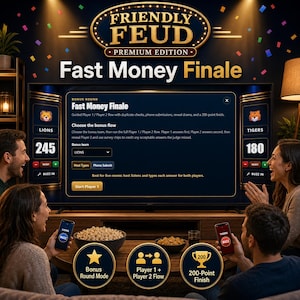 May include: A group of people playing the "Friendly Feud" game. The game's title is displayed at the top, with "Fast Money Finale" below. The game is displayed on a large screen, with players using phones to play. The Lions team has 245 points, and the Tigers have 180.