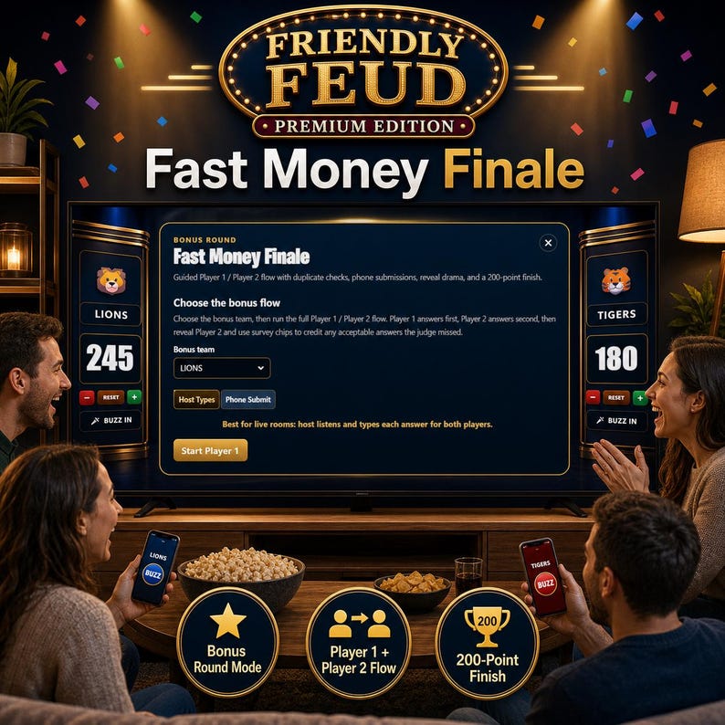 May include: A group of people playing the "Friendly Feud" game. The game's title is displayed at the top, with "Fast Money Finale" below. The game is displayed on a large screen, with players using phones to play. The Lions team has 245 points, and the Tigers have 180.