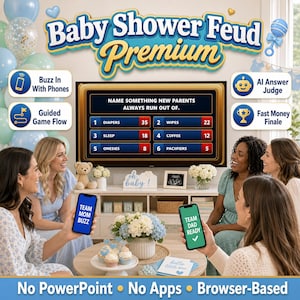 May include: A baby shower game called "Baby Shower Feud Premium" with a TV screen displaying survey answers. The game includes features like "Buzz In With Phones" and "AI Answer Judge." The image shows a group of women playing the game.