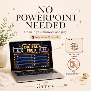 May include: A laptop displays a "Digital Feud" game interface. The screen shows scores for Team Alpha and Team Bravo. Text reads "No PowerPoint Needed" and "Open in your browser and play."