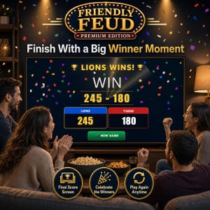 May include: A group of people are gathered around a television screen displaying a game of Friendly Feud. The screen shows the score: Lions 245, Tigers 180, with the text "Lions Win!" and "Finish With a Big Winner Moment."