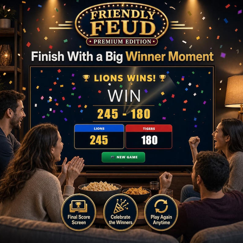May include: A group of people are gathered around a television screen displaying a game of Friendly Feud. The screen shows the score: Lions 245, Tigers 180, with the text "Lions Win!" and "Finish With a Big Winner Moment."