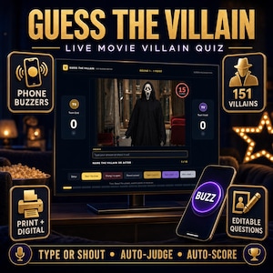 Op de afbeelding: Een digitaal Guess The Villain live filmquizspel op een monitor, met een afbeelding van het Ghostface-personage, scoreborden voor Team Gold en Team Violet, en een smartphone met een paarse buzz-knop. Bevat iconen voor telefoonbuzzers, 151 schurken, print- en digitale opties, en bewerkbare vragen.
