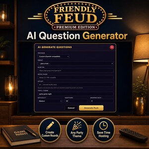 May include: A digital interface for an AI question generator, displayed on a TV screen. The interface includes options for provider, preset, base URL, model name, API key, topic/theme, difficulty, questions, and answers. The game is called "Friendly Feud".