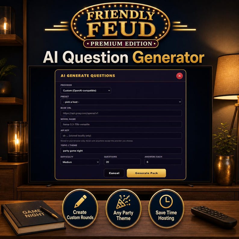 May include: A digital interface for an AI question generator, displayed on a TV screen. The interface includes options for provider, preset, base URL, model name, API key, topic/theme, difficulty, questions, and answers. The game is called "Friendly Feud".