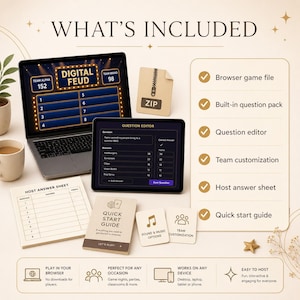 May include: An image showcasing a digital game package with the text "WHAT'S INCLUDED." The package includes a laptop and tablet displaying a game interface, a zipped file, and a host answer sheet. Additional elements include a quick start guide and icons.