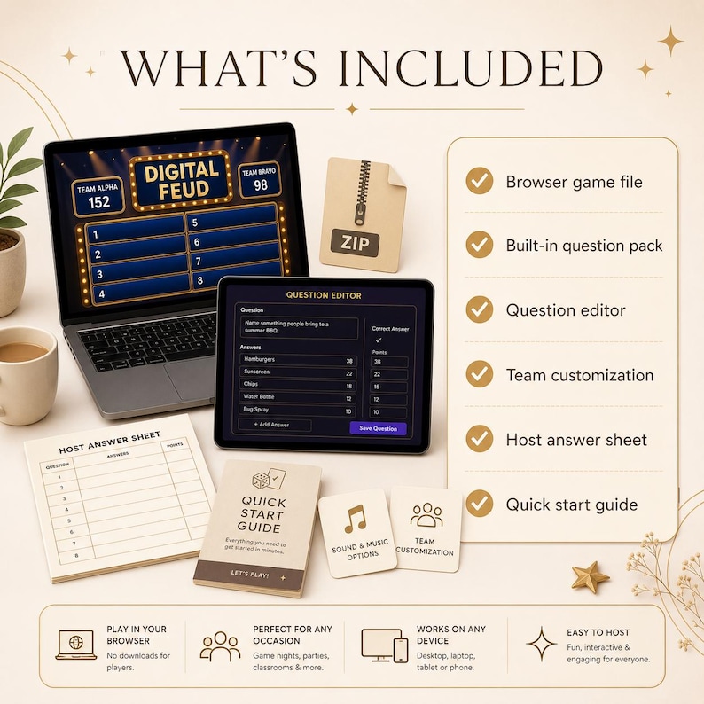 May include: An image showcasing a digital game package with the text "WHAT'S INCLUDED." The package includes a laptop and tablet displaying a game interface, a zipped file, and a host answer sheet. Additional elements include a quick start guide and icons.