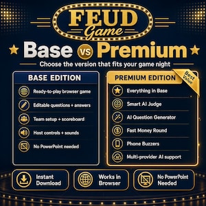 May include: A dark blue graphic comparing the Base and Premium editions of a game. The Base edition includes a browser game, editable questions, team setup, host controls, and no PowerPoint needed. The Premium edition includes everything in Base, plus AI features.