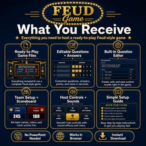 May include: A dark blue graphic promoting a "Feud Game" with gold text and accents. The image details game features, including editable questions, a built-in editor, team setup, host controls, and a simple setup guide. It also mentions instant download.