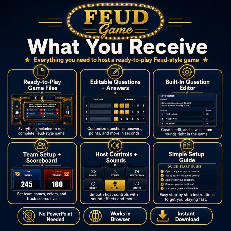 May include: A dark blue graphic promoting a "Feud Game" with gold text and accents. The image details game features, including editable questions, a built-in editor, team setup, host controls, and a simple setup guide. It also mentions instant download.