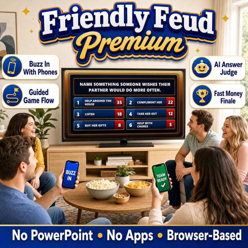 May include: A group of people playing a game called "Friendly Feud Premium" on a TV screen. The game involves using phones to buzz in and answer questions. The screen displays a question and answer options. The game is browser-based and does not require PowerPoint or apps.
