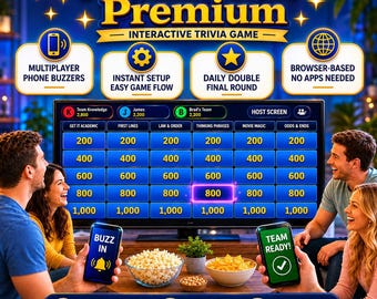 May include: A group of people playing a trivia game on a TV screen. The game is called "Jeopardy-Style Premium" and features categories and point values. The game includes phone buzzers, instant setup, and a daily double final round.