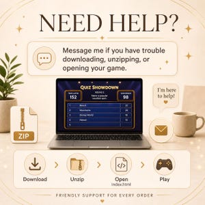 May include: A promotional image with the text "NEED HELP?" and instructions for downloading a game. A laptop displays a quiz game. Icons illustrate the steps: Download, Unzip, Open, and Play. A coffee mug and envelope are also shown.