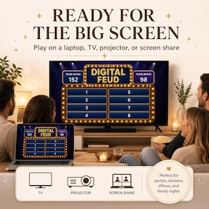 May include: Image of a digital game show, "Digital Feud," displayed on a laptop and a large TV screen. The game is designed to be played on various devices, including projectors and through screen sharing. The image shows people enjoying the game in a home setting.