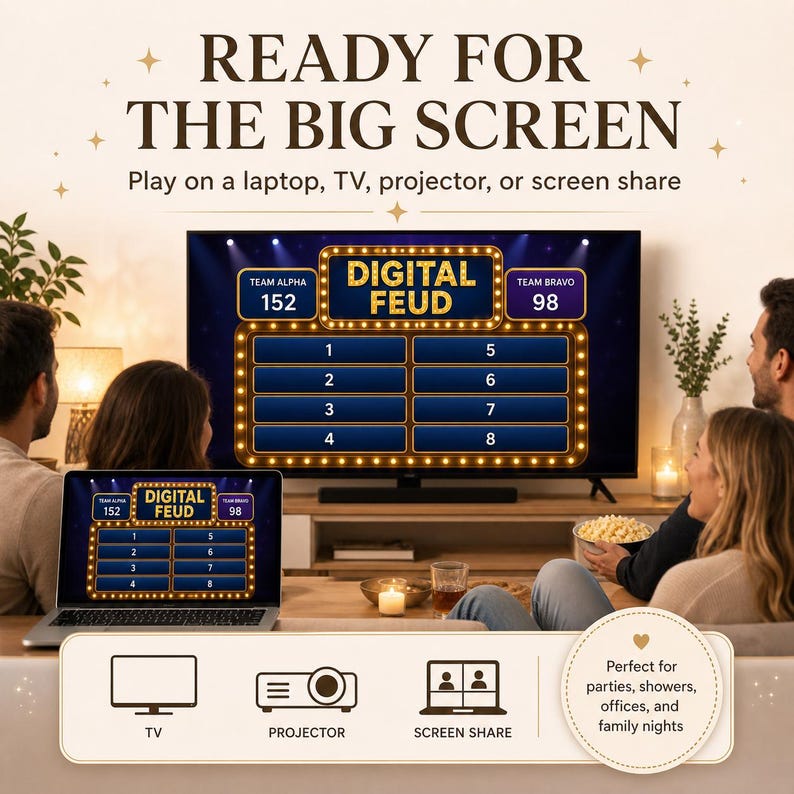May include: Image of a digital game show, "Digital Feud," displayed on a laptop and a large TV screen. The game is designed to be played on various devices, including projectors and through screen sharing. The image shows people enjoying the game in a home setting.