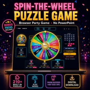 May include: A digital Spin-The-Wheel Puzzle Game displayed on a laptop screen. The interface features a colorful prize wheel, a letter grid, and player scoreboards. Text includes Bonus Packs Included, Browser Party Game, No PowerPoint, and 210+ Built-in Puzzles.