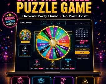 May include: A digital Spin-The-Wheel Puzzle Game displayed on a laptop screen. The interface features a colorful prize wheel, a letter grid, and player scoreboards. Text includes Bonus Packs Included, Browser Party Game, No PowerPoint, and 210+ Built-in Puzzles.