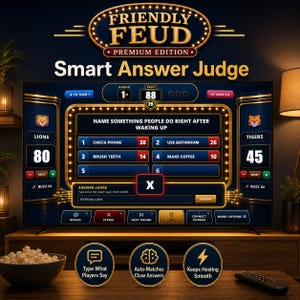May include: A television screen displaying the "Friendly Feud" game. The game interface shows a question, answer options, and team scores. The screen also displays the text "Smart Answer Judge". A bowl of popcorn and a remote are in the foreground.