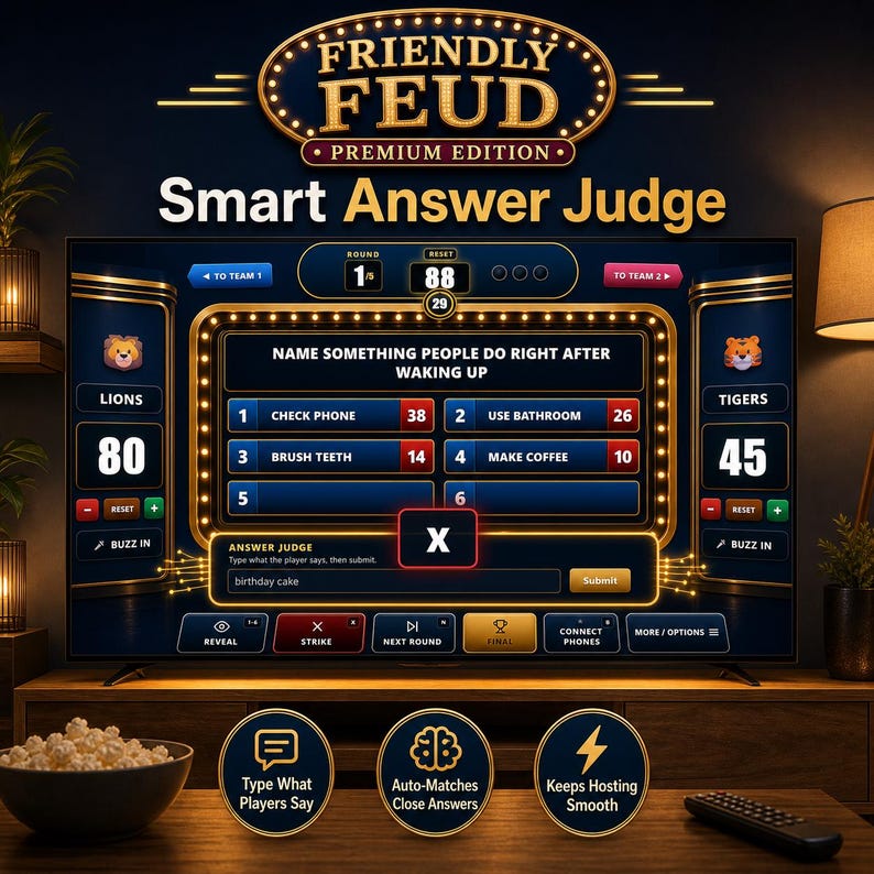 May include: A television screen displaying the "Friendly Feud" game. The game interface shows a question, answer options, and team scores. The screen also displays the text "Smart Answer Judge". A bowl of popcorn and a remote are in the foreground.