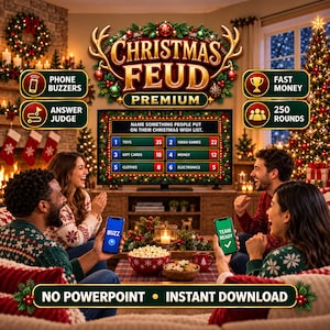 May include: Christmas Feud Premium game set featuring a digital scoreboard on a television screen with six categories and point values, phone buzzer and answer judge features, fast money mode, and 250 rounds. Includes no PowerPoint and instant download.