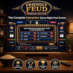 May include: A television screen displaying the "Friendly Feud" game show. The screen shows a game in progress with scores, categories, and answers. The game includes features like a smart answer judge, phone buzzers, and an AI question generator. A bowl of popcorn sits in the foreground.