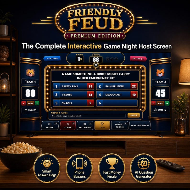 May include: A television screen displaying the "Friendly Feud" game show. The screen shows a game in progress with scores, categories, and answers. The game includes features like a smart answer judge, phone buzzers, and an AI question generator. A bowl of popcorn sits in the foreground.