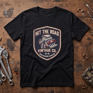 May include: A black short-sleeve t-shirt featuring a central graphic of a car engine inside a shield-shaped emblem. The text reads HIT THE ROAD VINTAGE CO. SPEED MACHINES & SUPPLIES. The design has a distressed, weathered appearance with red and white accents.