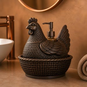 May include: A bronze-colored chicken-shaped soap dispenser. The dispenser is perched on a woven basket base. The chicken has detailed feather and comb textures. The pump is a dark metallic color. A unique bathroom accessory.
